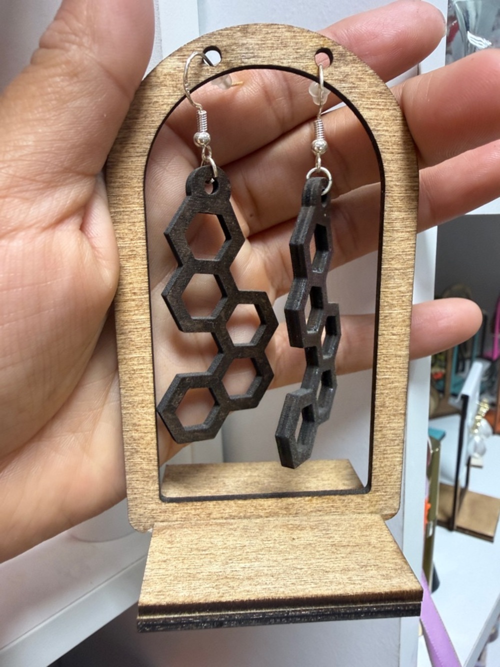 Hexagon Honeycomb Wooden Earrings in Dark Brown